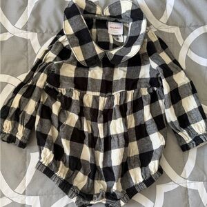 Hanna Andersson Black and Cream Buffalo Plaid Peter Pan Collar Romper